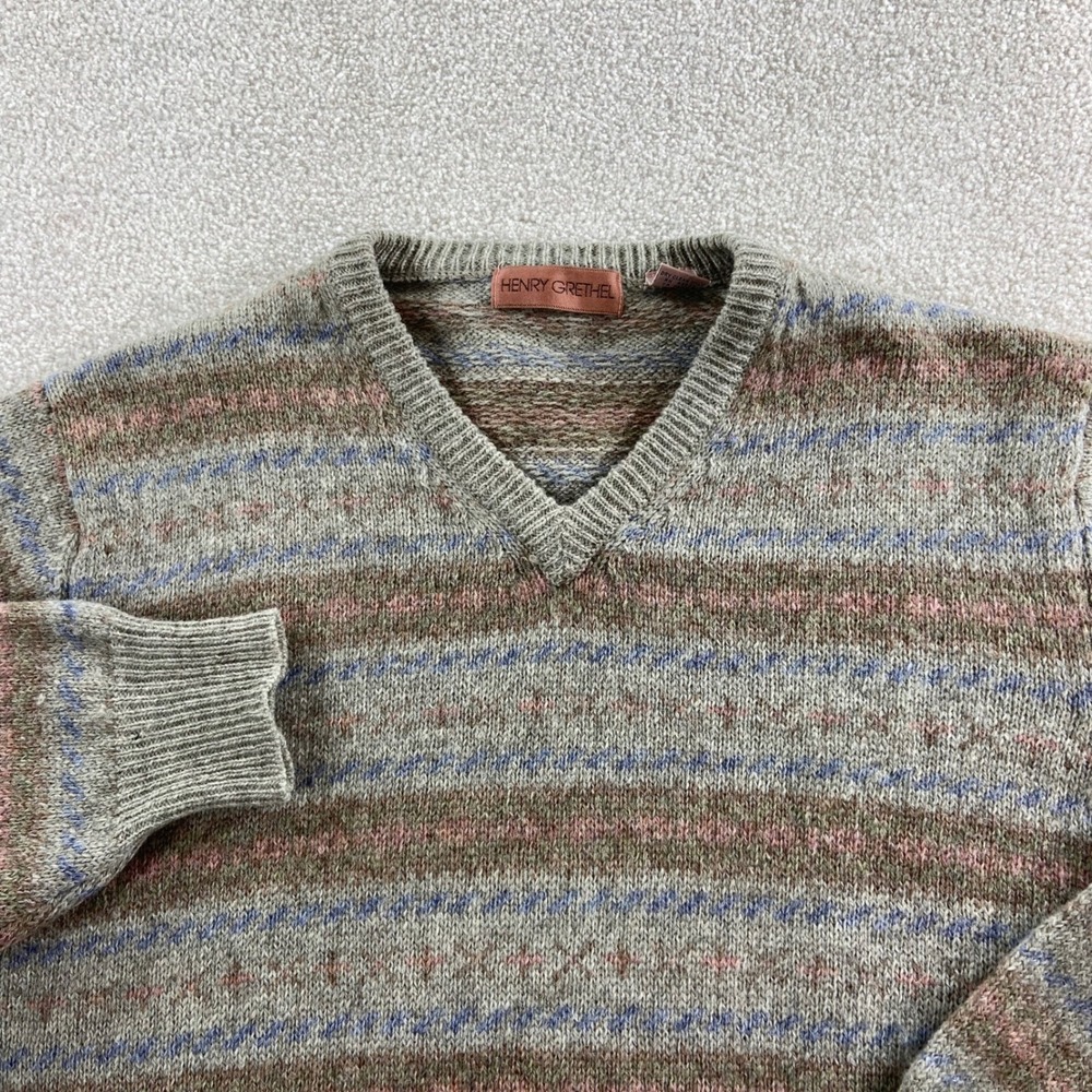 Henry Grethel Sweater Mens Medium Brown Multi Color V-Neck Shetland Wool Striped